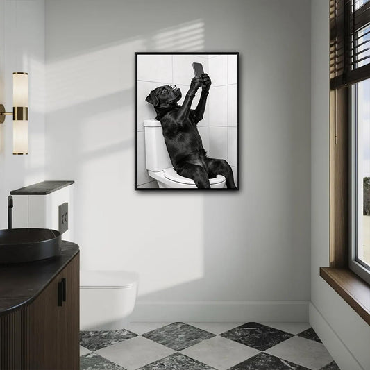 Funny Black Dog Selfie On Toilet Canvas Wall Art Cute Bathroom Decor