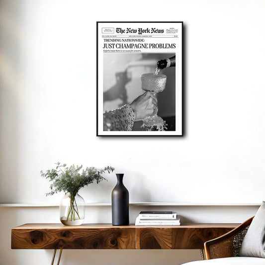 Just Champagne Problems Newspaper Style Wall Art, The New York News Retro Black White Champagne Canvas Print, Trendy Bar Cart Apartment Wall Decor