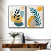 Set of 2 Teal & Mustard Yellow Boho Botanical Abstract Canvas Wall Art