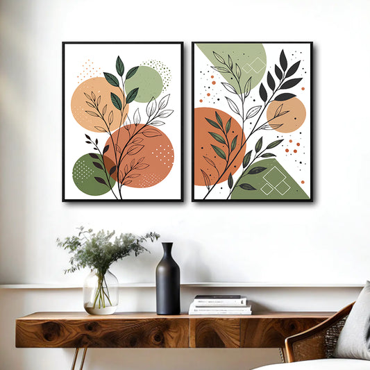Set of 2 Sage Terracotta Line Leaf Boho Botanical Canvas Wall Art