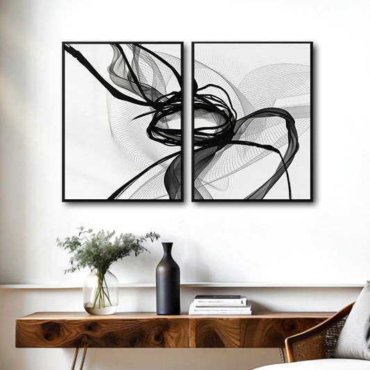 Set of 2 Black Ink Flow Abstract Canvas Wall Art Minimalist Translucent Ribbon Line Framed Wall Decor Living Room Bedroom