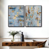 2 Piece Modern Soft Blue Gold Leaf Abstract Canvas Prints Thick Texture Coastal Contemporary Luxury Wall Art