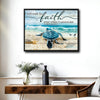 Farmhouse Christian Coastal Wall Decor, Sea Turtle Walking On Beach With Quote I Will Walk By Faith Even When I Cannot See 2 Corinthians 5:7, Distressed Wood Background Nautical Inspirational Horizontal Canvas Artwork