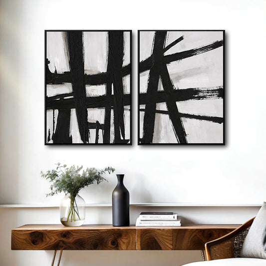 2 Piece Modern Impasto Abstract Line Canvas Prints Bold Black Brush Painting Neutral Contemporary Wall Art