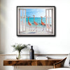 Open White French Window Flamingo Beach Canvas Wall Art, Tropical Ocean Seaside Flamingo Fake Window Horizontal Print, Coastal Beach House Summer Wall Decor