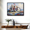 Coastal American Cottage Canvas Wall Art, Seaside House with US Flag Floral Garden Oil Painting, Farmhouse Beach Home Framed Canvas Print