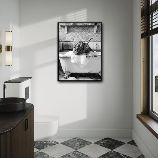 Black And White Highland Cow With Glasses In Bubble Bathtub Canvas Wall Art Funny Farmhouse Bathroom Wall Decor
