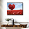 Valentine Red Heart‑Shaped Tree Canvas Wall Art, Romantic Heart Tree in Red Wildflower Field Framed Canvas Print, Love Theme Living Room Bedroom Wall Decor