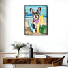 French Bulldog Surfboard Beach Lighthouse Canvas Wall Art, Cute Summer Dog Coastal Vertical Print, Nautical Beach House Pet Lover Wall Decor