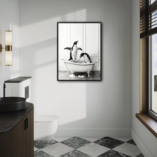 Novelty Penguin Bath Wall Canvas, Monochrome Penguins Splashing In Bathtub Artwork, Fun Powder Room Home Decor