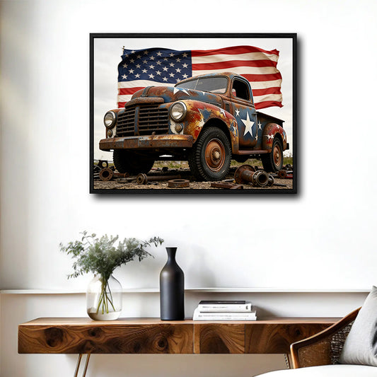 Rustic Vintage Truck Canvas Print | American Flag Patriotic Wall Art Garage Man Cave Decor