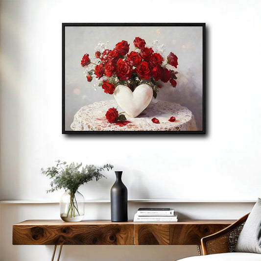 Valentine Red Roses in Heart‑Shaped Vase Canvas Wall Art, Vintage Still Life Lace Table Framed Canvas Print, Romantic Bedroom Dining Room Wall Decor