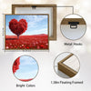 Valentine Red Heart‑Shaped Tree Canvas Wall Art, Romantic Heart Tree in Red Wildflower Field Framed Canvas Print, Love Theme Living Room Bedroom Wall Decor