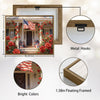 Patriotic Red Rose Colonial House American Flag Canvas Wall Art, Farmhouse Floral Front Porch Canvas Painting