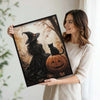 Gothic Witch Black Cat Pumpkin Canvas Print, Vintage Autumn Forest Halloween Wall Art