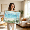 Open White Window Beach Sailboat Canvas Print, Coastal Ocean View Horizontal Wall Art