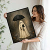 Vintage Ghost Holding Black Cat Umbrella Rainy Halloween Framed Wall Art Print