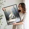Snowy Winter Church Framed Wall Art Vintage Oil Painting Christmas Print