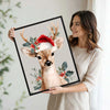 Cute Christmas Deer Santa Hat Framed Wall Art Watercolor Farmhouse Holiday Print