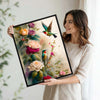 Floral Hummingbird Canvas Wall Art, Vibrant Roses and Hummingbirds Watercolor Style Botanical Poster