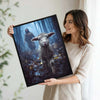 Good Shepherd Jesus Chasing Lost Lamb In Moody Misty Forest Framed Canvas Print, Inspirational Biblical Christian Wall Art