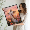 He is Risen Cross White Drape Rose Field Religious Canvas Wall Art
