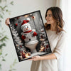 Snowman in Santa Hat Reading Newspaper On Toilet Christmas Framed Wall Art