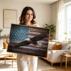 Rustic American Flag Wooden Background With Soaring Bald Eagle Framed Canvas Wall Art, Patriotic Farmhouse Wall Decor Print
