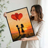 Valentine Couple Silhouette Sunset Canvas Wall Art, Boy Girl With Red Heart Balloons Framed Canvas Print, Romantic Couple Bedroom Wall Decor