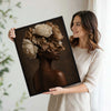 Dark Botanical Portrait Canvas Poster, Melanin Woman With Cream Dried Peony Blooms Artwork for Gallery Wall Bohemian Home Decor