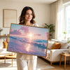 Dreamy Glitter Pink Beach Canvas, Magical Pastel Coastal Seascape Wall Decor