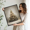 Glowing Snowy Christmas Tree Framed Wall Art Neutral Vintage Farmhouse Holiday Print