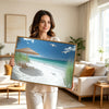 Tropical White Sand Beach Seagull Canvas Print, Turquoise Ocean Coastal Horizontal Wall Art