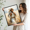 Inspirational Jesus The Good Shepherd Wall Print, Jesus Holding Lamb On Shoulders Farm Field Christian Canvas Decor