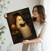 Vintage Reading Ghost Black Cat Library Halloween Framed Wall Art Print