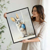 Peeking Grey Bunny Holding Blue Floral Easter Egg Canvas Wall Art