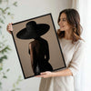 Moody Fashion Portrait Canvas Poster, Chic Woman From Behind With Oversized Black Hat Artwork for Vanity Room Gallery Wall Decor