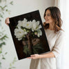 Black Woman With White Peony Flowers Canvas Wall Art, Elegant African American Woman Floral Portrait Painting, Dark Moody Botanical Lady Wall Decor