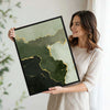 2 Piece Muted Dark Emerald Green Gold Line Abstract Canvas Prints Modern Organic Fluid Ink Neutral Wall Art