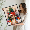 Vintage Christmas Reindeer Canvas Print, Cute Deer Wearing Santa Hat with Gifts & Christmas Tree Wall Art