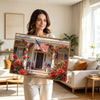 Patriotic Red Rose Colonial House American Flag Canvas Wall Art, Farmhouse Floral Front Porch Canvas Painting