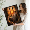 Retro Romantic Canvas Print, Woman Reading Among Old Books, Sunset Window Dark Academia Wall Decor for Book Nook