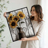 Rustic Sunflower Dark Pitcher Canvas Wall Art, Distressed White Weathered Wood Floral Still Life Vertical Print, Farmhouse Neutral Country Sunflower Wall Decor