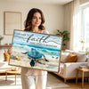 Farmhouse Christian Coastal Wall Decor, Sea Turtle Walking On Beach With Quote I Will Walk By Faith Even When I Cannot See 2 Corinthians 5:7, Distressed Wood Background Nautical Inspirational Horizontal Canvas Artwork