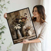 Antique Dried Wildflower Vase Wall Art, Moody Rustic Pottery Still Life Canvas Print, Framed Wall Decor for Kitchen Bedroom