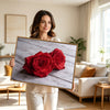 Valentine Two Red Roses Canvas Wall Art, Dewy Red Roses on Rustic White Wood Plank Framed Canvas Print, Romantic Bedroom Farmhouse Wall Decor