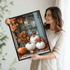 Farmhouse Halloween White Pumpkin Canvas Print, Rustic Blue Window Autumn Maple Leaves Fall Wall Art