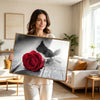 Valentine Single Red Rose Canvas Wall Art, Selective Color Red Rose on Rustic Grey Wooden Plank Framed Canvas Print, Romantic Farmhouse Bedroom Decor