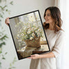 Antique Window Sill Daisy Wall Art, Wicker Basket Wildflower Still Life Canvas Print, Framed Wall Decor for Living Room Bedroom