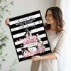 Fashion Pink Perfume Books Canvas Wall Art, Black White Stripe Inspirational Quote Beauty Vertical Print, Glam Women Bedroom Makeup Room Wall Decor